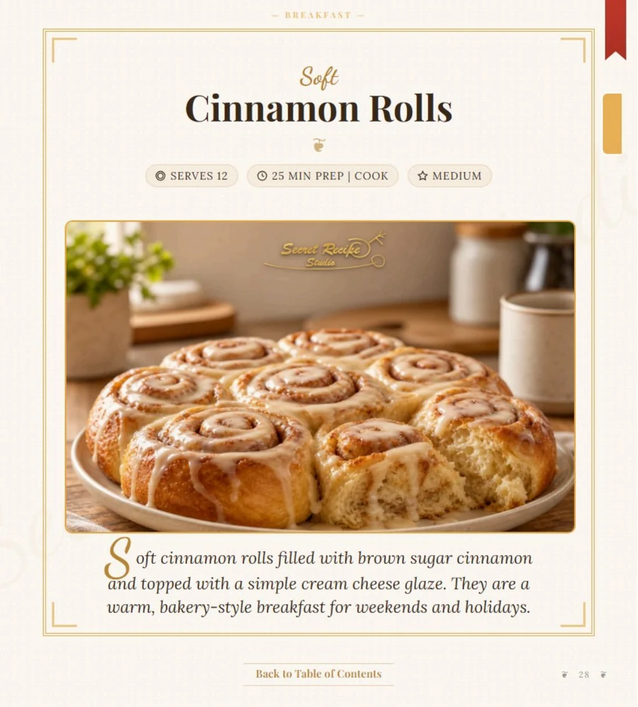 Soft Cinnamon Rolls recipe page from the ebook
